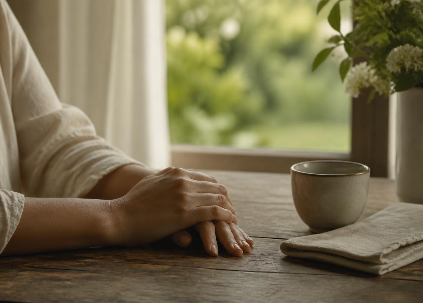 A woman's hands resting on a wooden table beside a ceramic cup in morning light