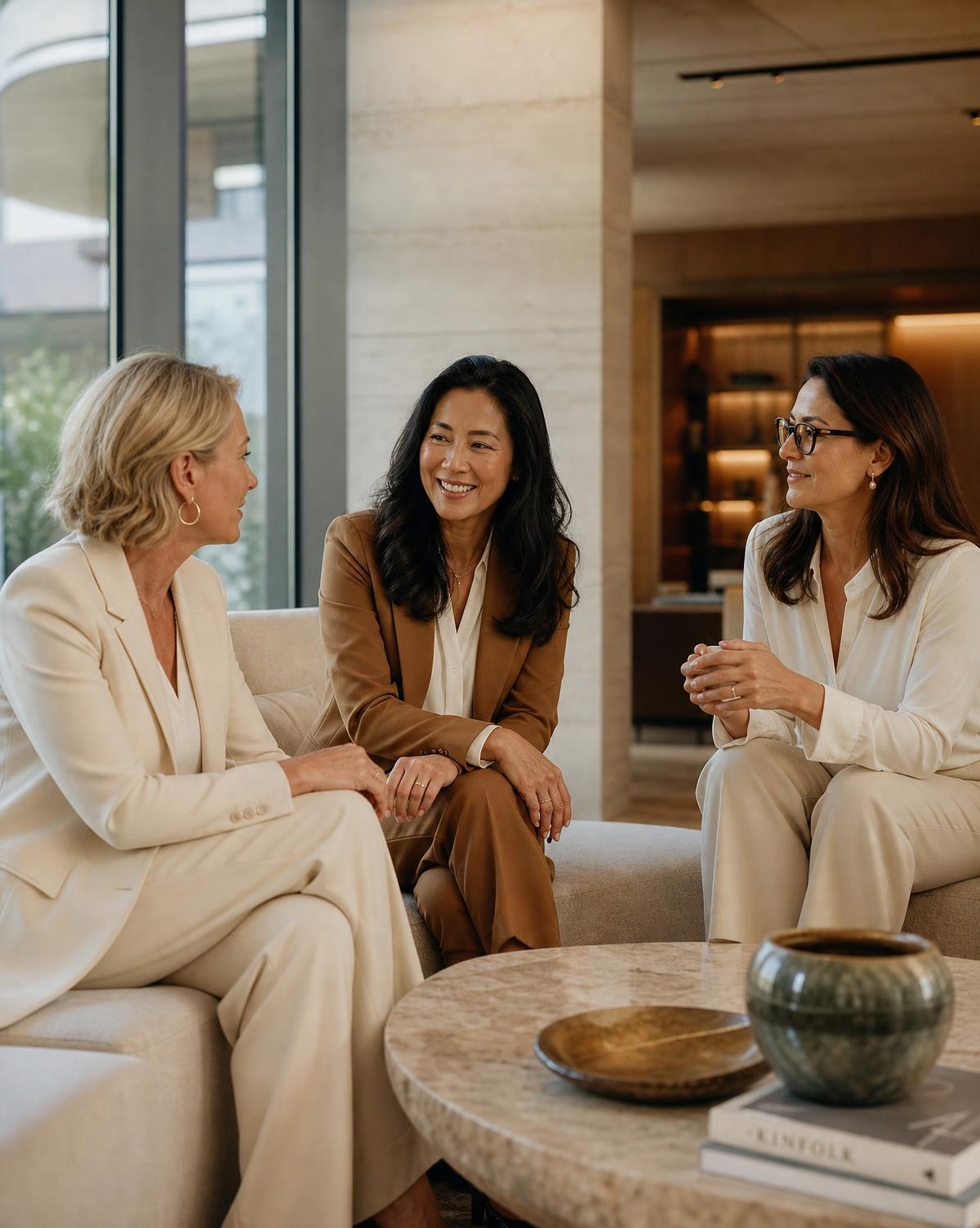 Three women in candid conversation in a light contemporary family office lounge